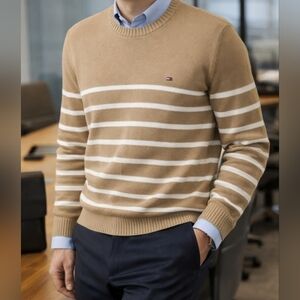 Tommy Hilfiger Crew Neck Long Sleeve Sweater Beige Striped Preppy Ivy Winter, L